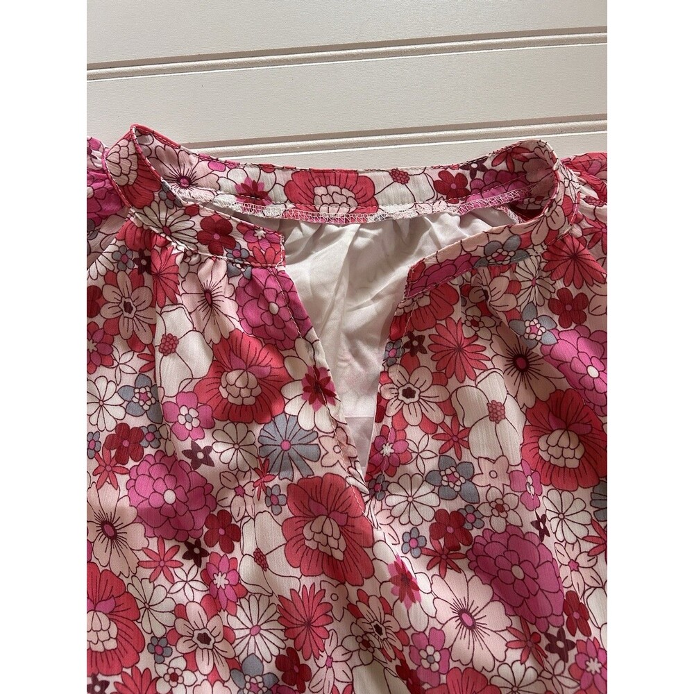 Boutique Floral Blouse Women Large L Pink Coral Long Sleeve Lined Flowy Scoop - Picture 8 of 9